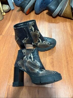 Aquatalia Black and Tan Snake-Print Chunky Heel Ankle Boots